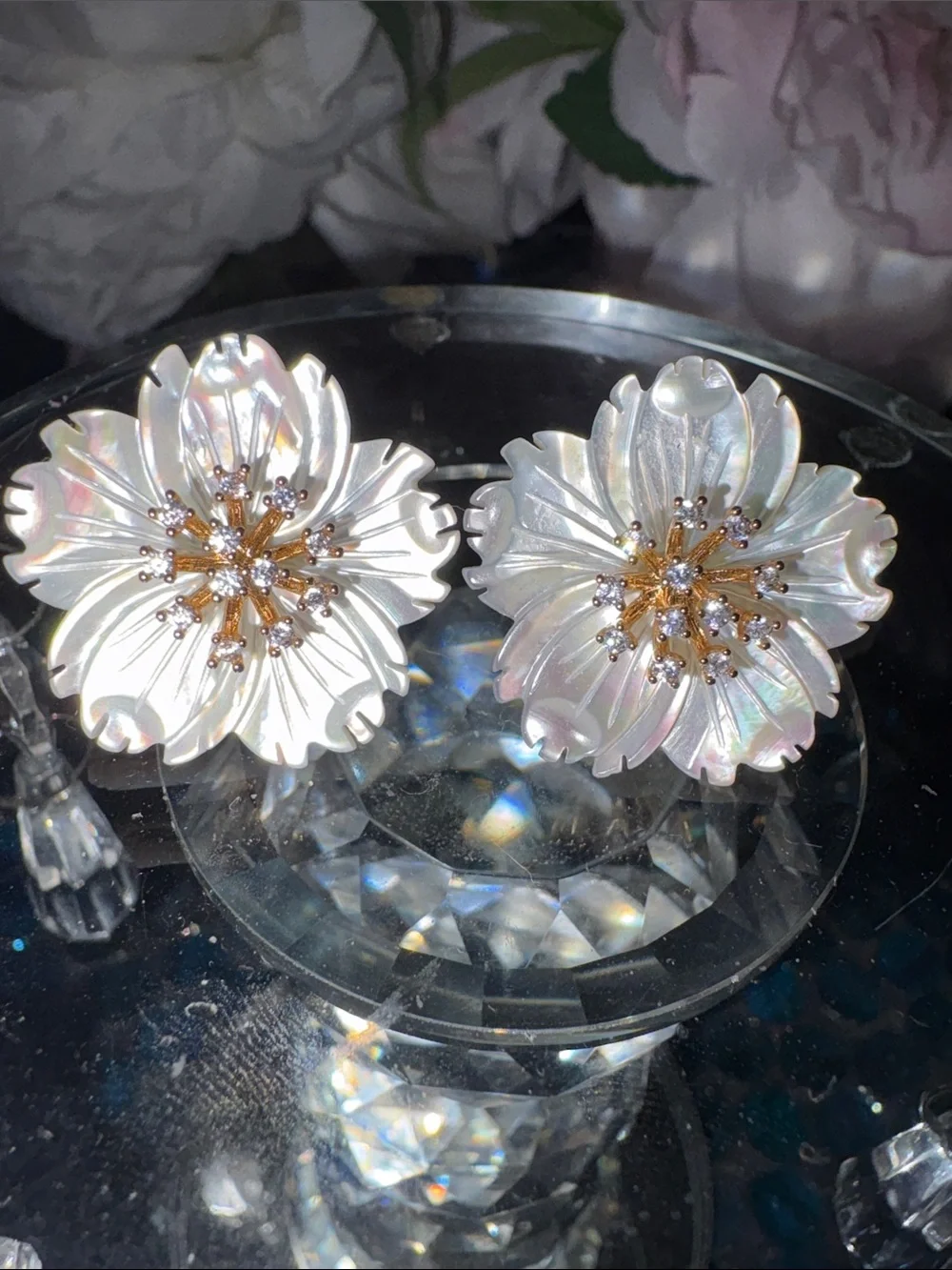 White Iridescent Mother of Pearl Floral Earrings Designer Inspired. Indonesia.